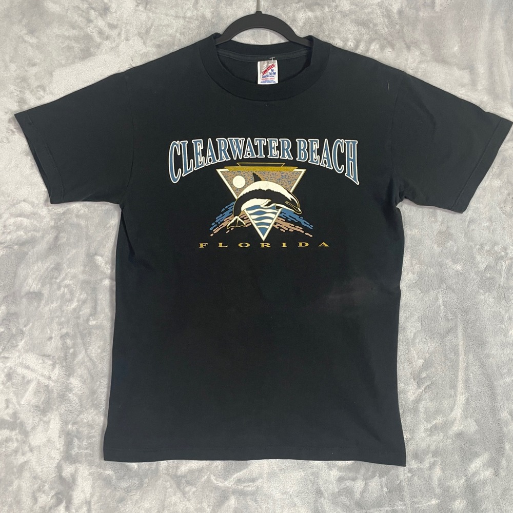 Vintage Jerzees Clearwater Beach Graphic Tee Mens S Black Excellent
